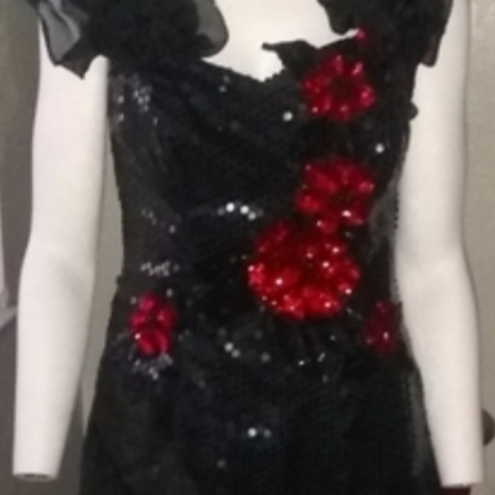 LORALIE Original 80s Sequin Beautiful Long Dress Blk/Red Ruffle Shoulder Strap